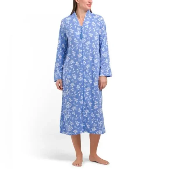 jasmine rose SML Light Blue White Floral Waffle Knit Full Zip Long Sleeve Robe - Picture 1 of 15